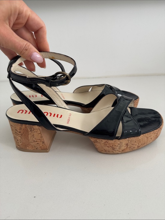 Miu Miu Shoes - Miu Miu Black Patent Leather Cork Block Heel Sandals